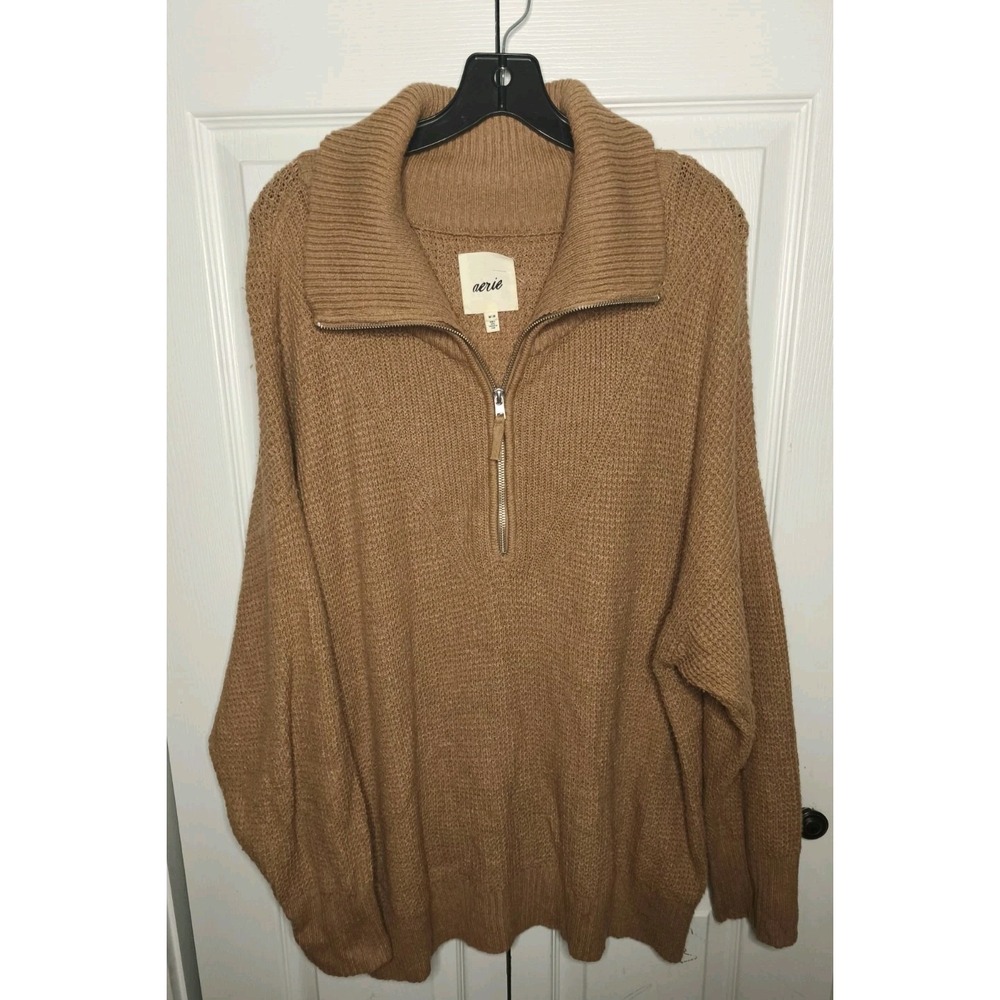 Aerie Cozy‎ Up Waffle Quarter Zip Sweater Oversized Mock neck Top Woman's Size M